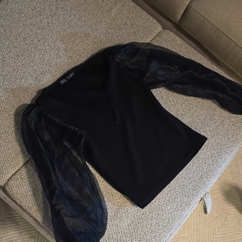 Zara Black Blouse with Sheer Sleeves